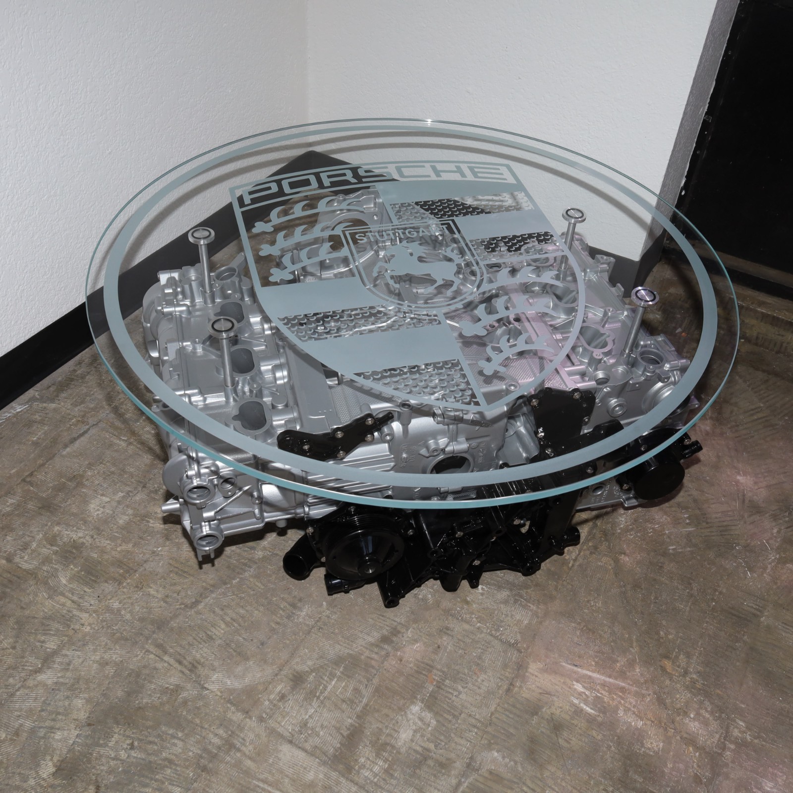 Porsche 911 997 3.6 Engine Coffee Table 37 Round Etched Starphire Glass Top