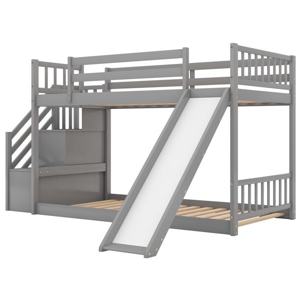 Bunk Bed Twin Over Twin with Slide and Stairway for Kids