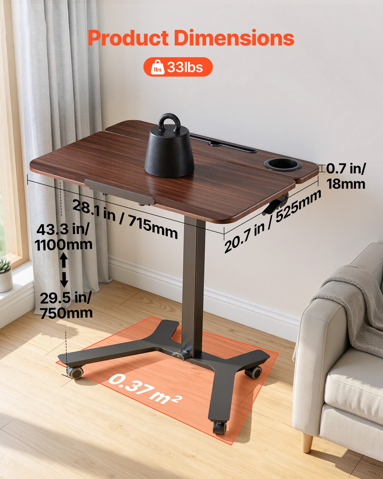 VEVOR Standing Desk Adjustable Height Mobile Stand Up Table Tilting 28.2 x20.7in