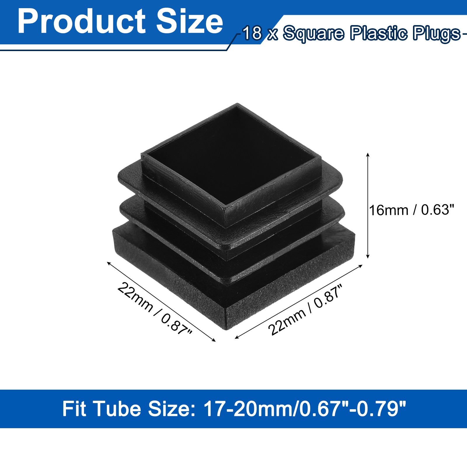 18Pcs Square Plastic Plugs, 22 x 22mm PE Pipe Tubing End Caps for Tube, Black