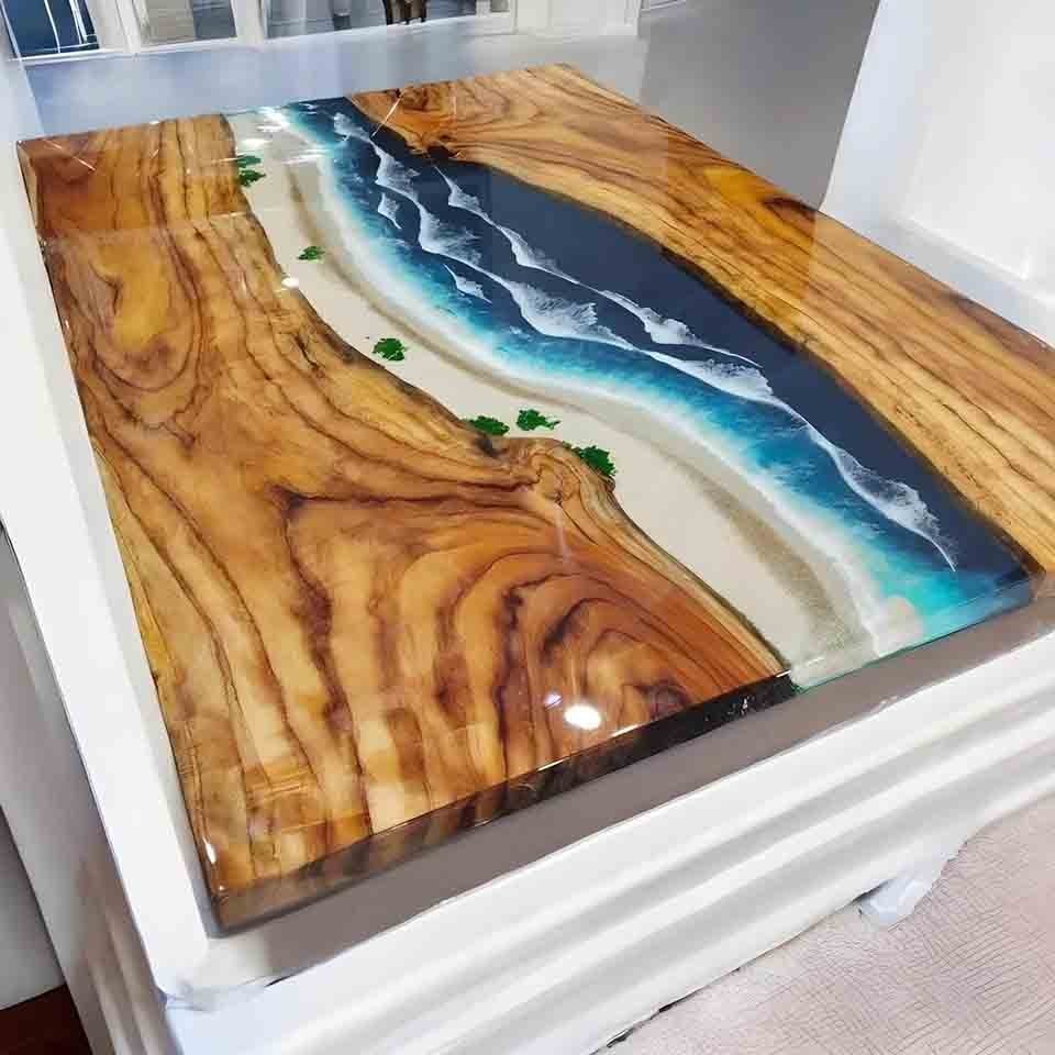Handmade Epoxy Resin Blue Ocean Wave Dining Table Luxury Reception Counter Desk