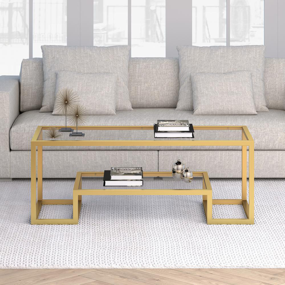 Large Rectangle Glass Coffee Table with Shelf Athena 45 in. Brass/Clear NEW