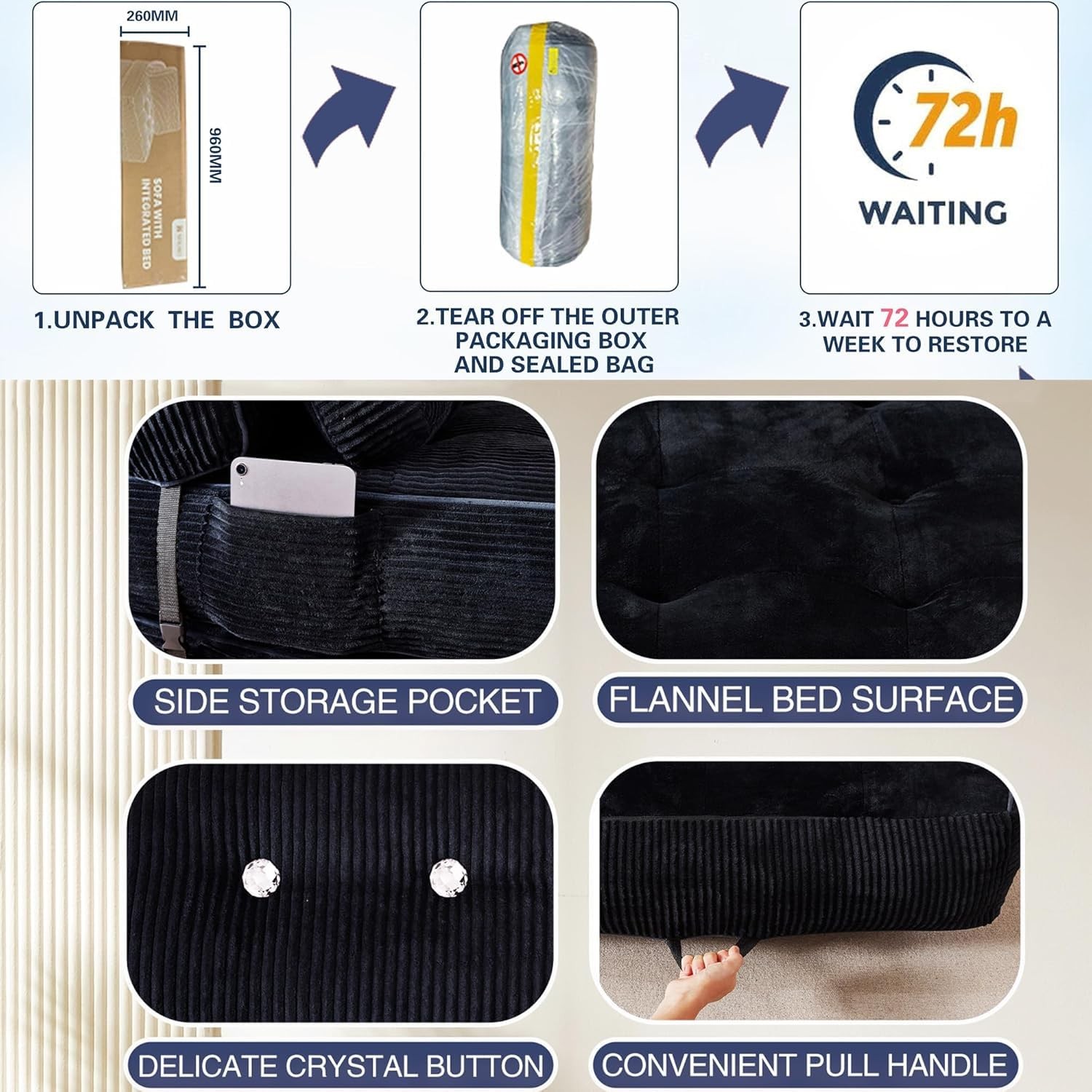 Folding Futon Sleeper Sofa Bed Chair, No Assembly, Black 5 | Dual-layer flannel