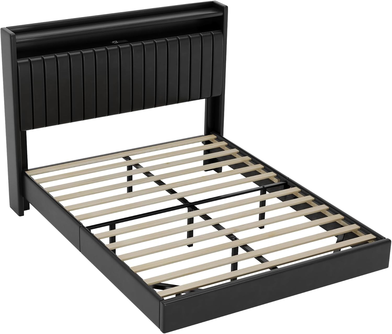 Floating Bed Frame W/ Storage, RGB Lights & Charging Station, No Box Spring