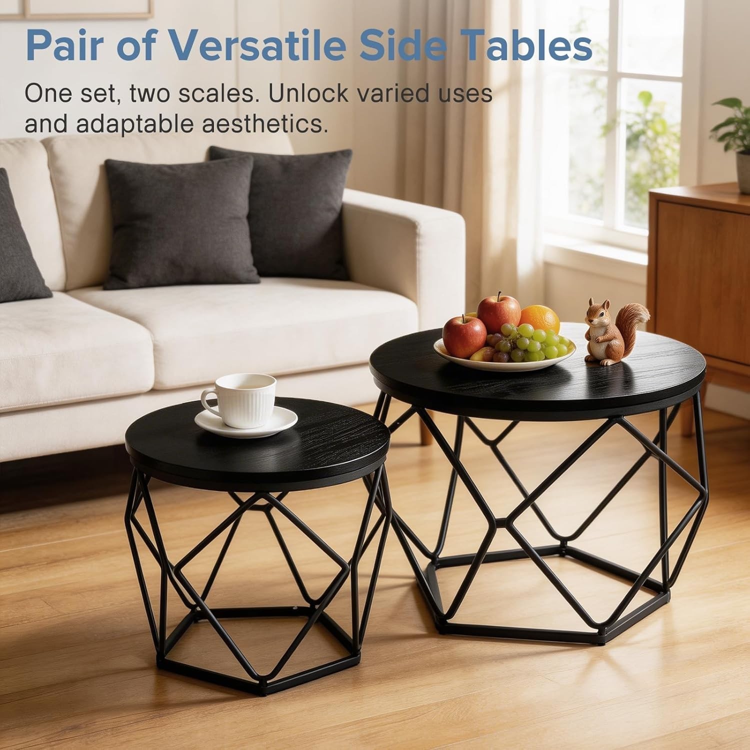 Set of 2 Modern Round Coffee Tables,Geometric Design,Cafe Livingroom End Tables