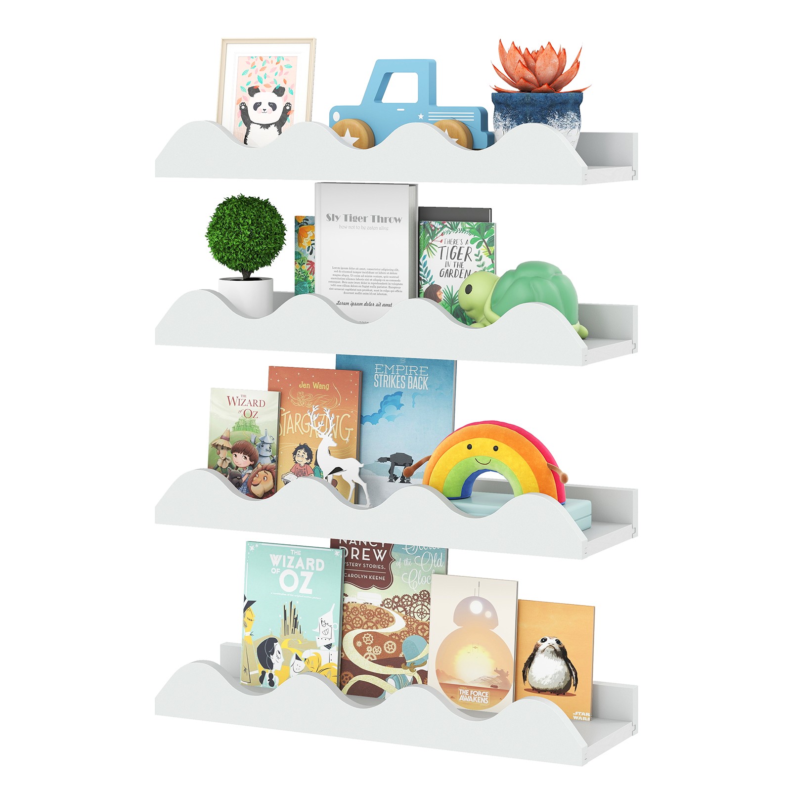 Kids Bookshelf Set of 4 with Fir Wood Structure & Wavy Anti-Falling Edge
