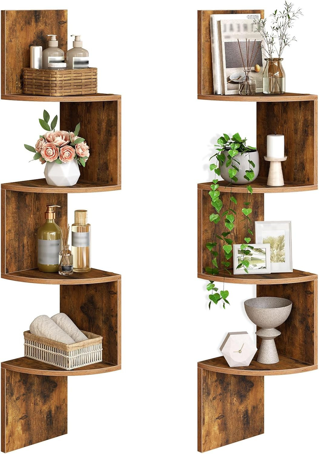 Corner Wall Shelves, Set of 2 Floating 4‑Tier Shelves for Living Room & Bedroom