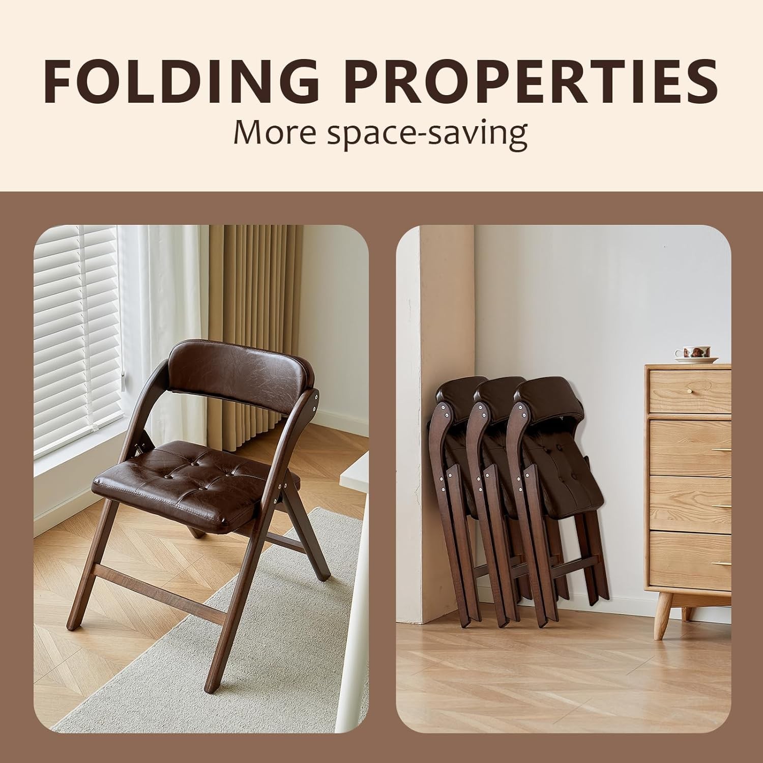 Wood Folding Chairs Set of 2, Upholstered Foldable Dining Chairs with Padded