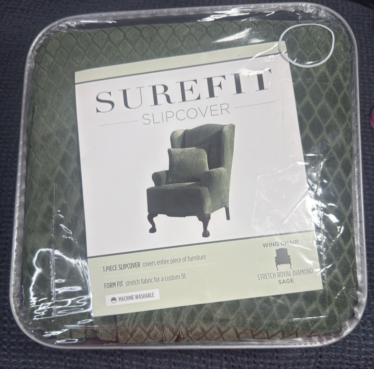 Surefit Slipcover Stretch Royal Diamond Wing Chair Sage Green