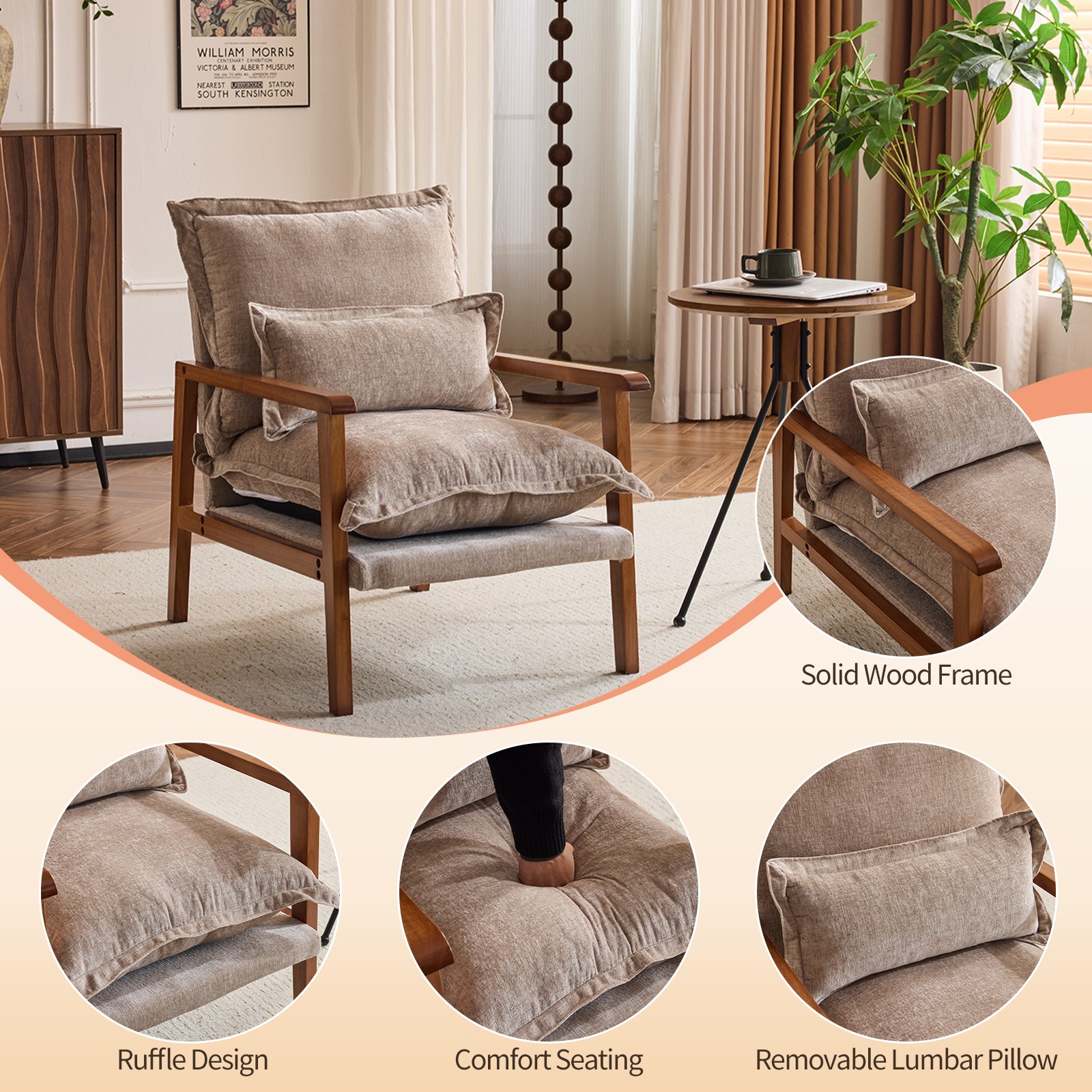 Cloud Shaped Chenille Fabric Accent Chair Metal Frame Solid Wood Armrest Single