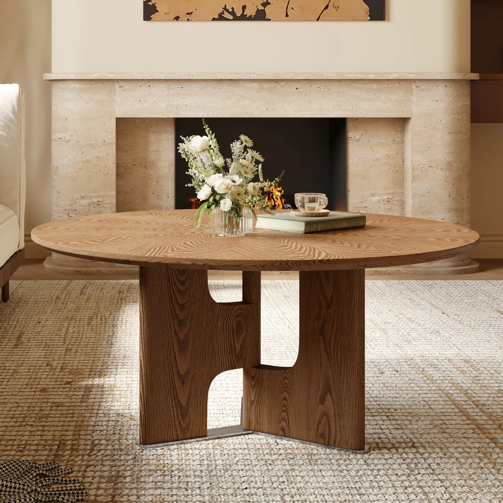 31.5 Inches Round Rustic Ash Wood Veneer Coffee Table for Small Living Room