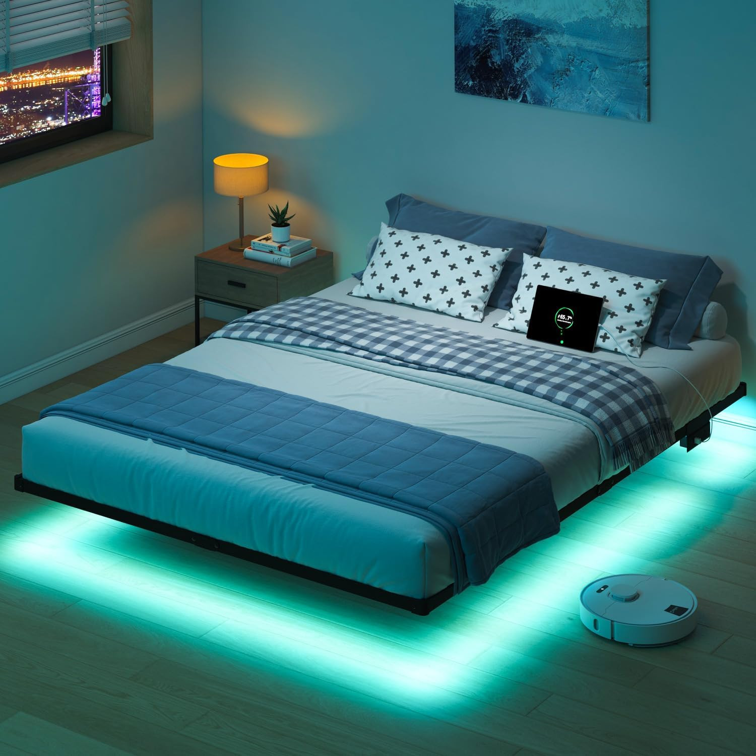 Queen Bed Frame with LED Lights & Charging Station Floating Platform No Box Spri