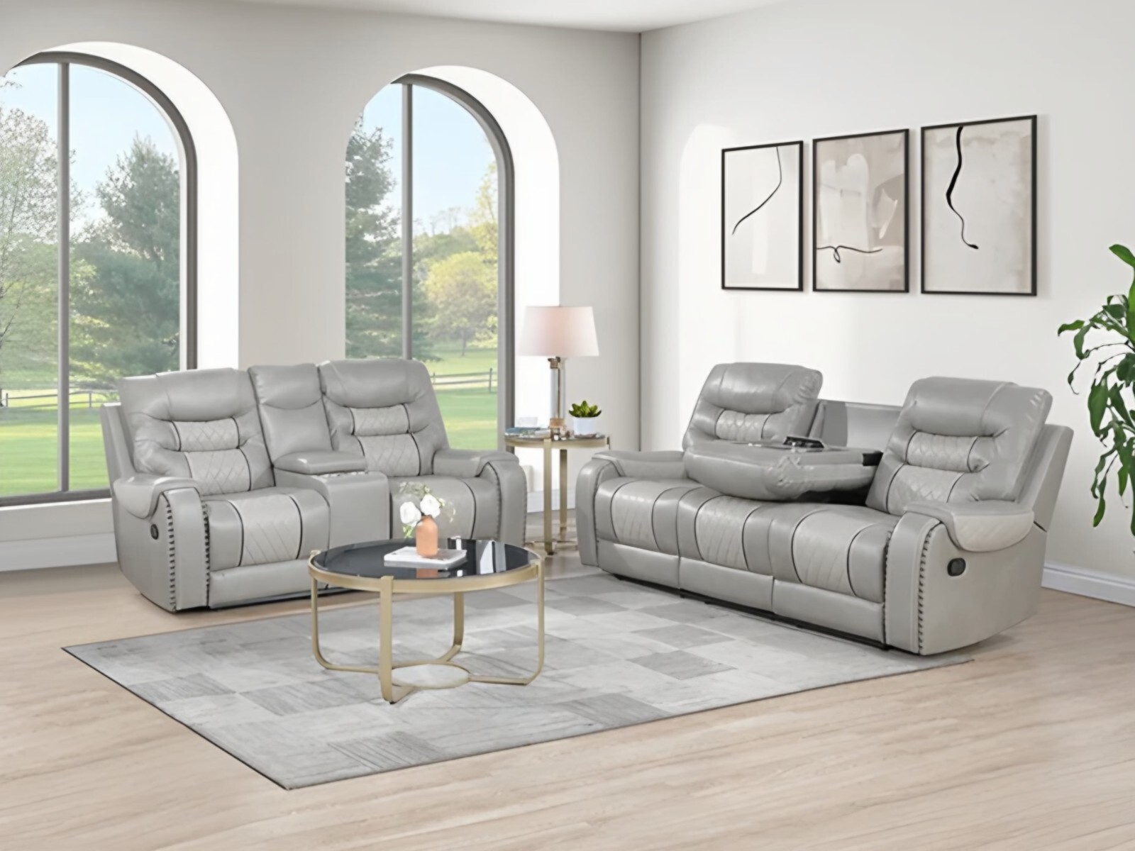 NEW Two-Tone 2PC Leather Gel Gray Sofa Loveseat 4-Recliner Living Room Set