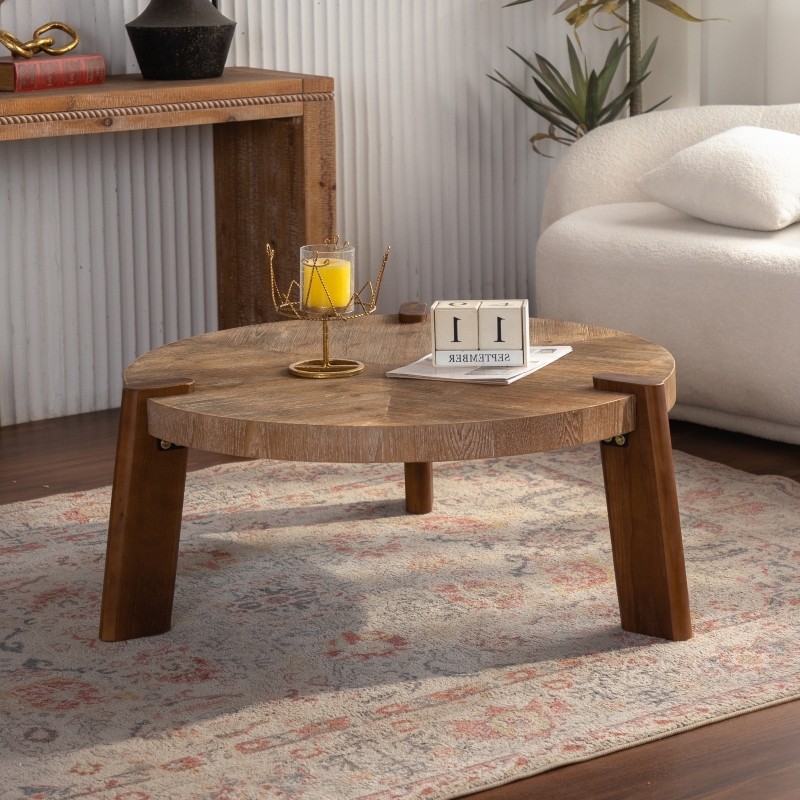 Round Herringbone Coffee Table 36.61 in Solid Wood & MDF Mid Century Rustic Natu