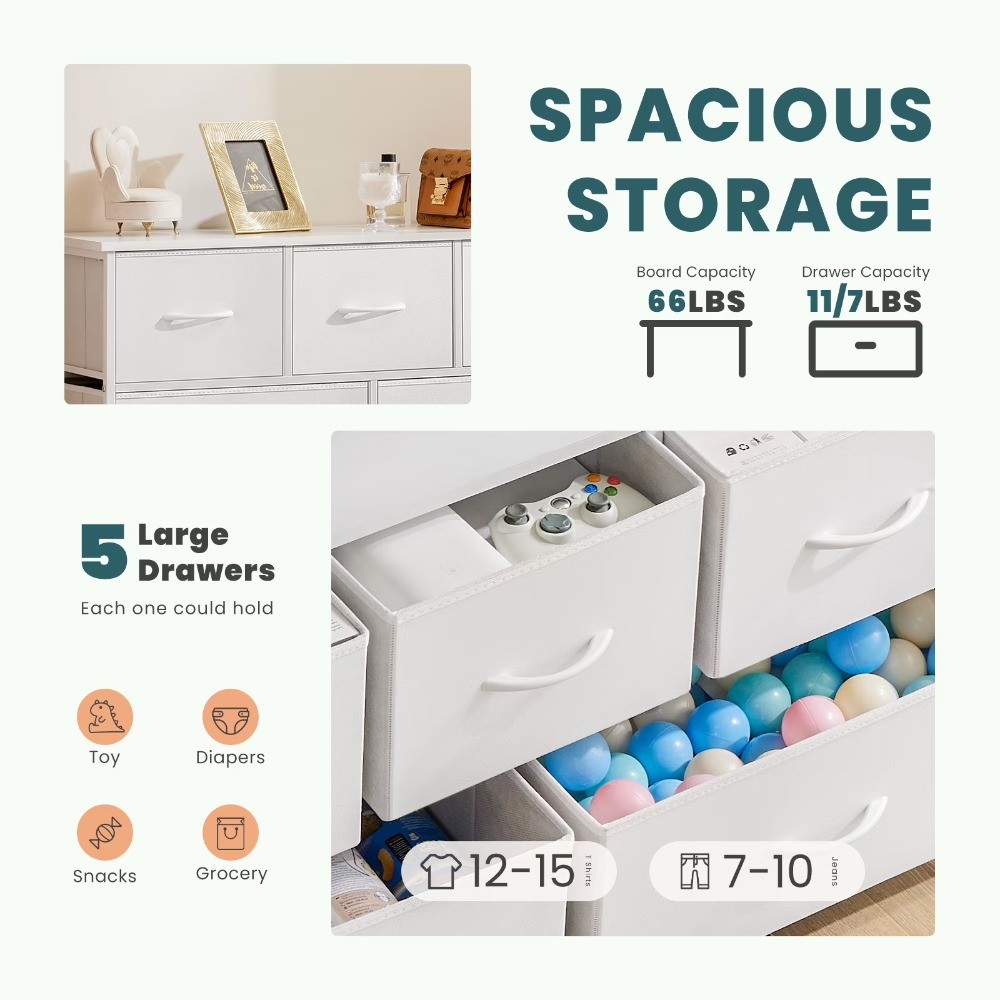 5 Drawer Dresser,Wide Chest of Drawers for Bedroom with Metal Frame for TV,White