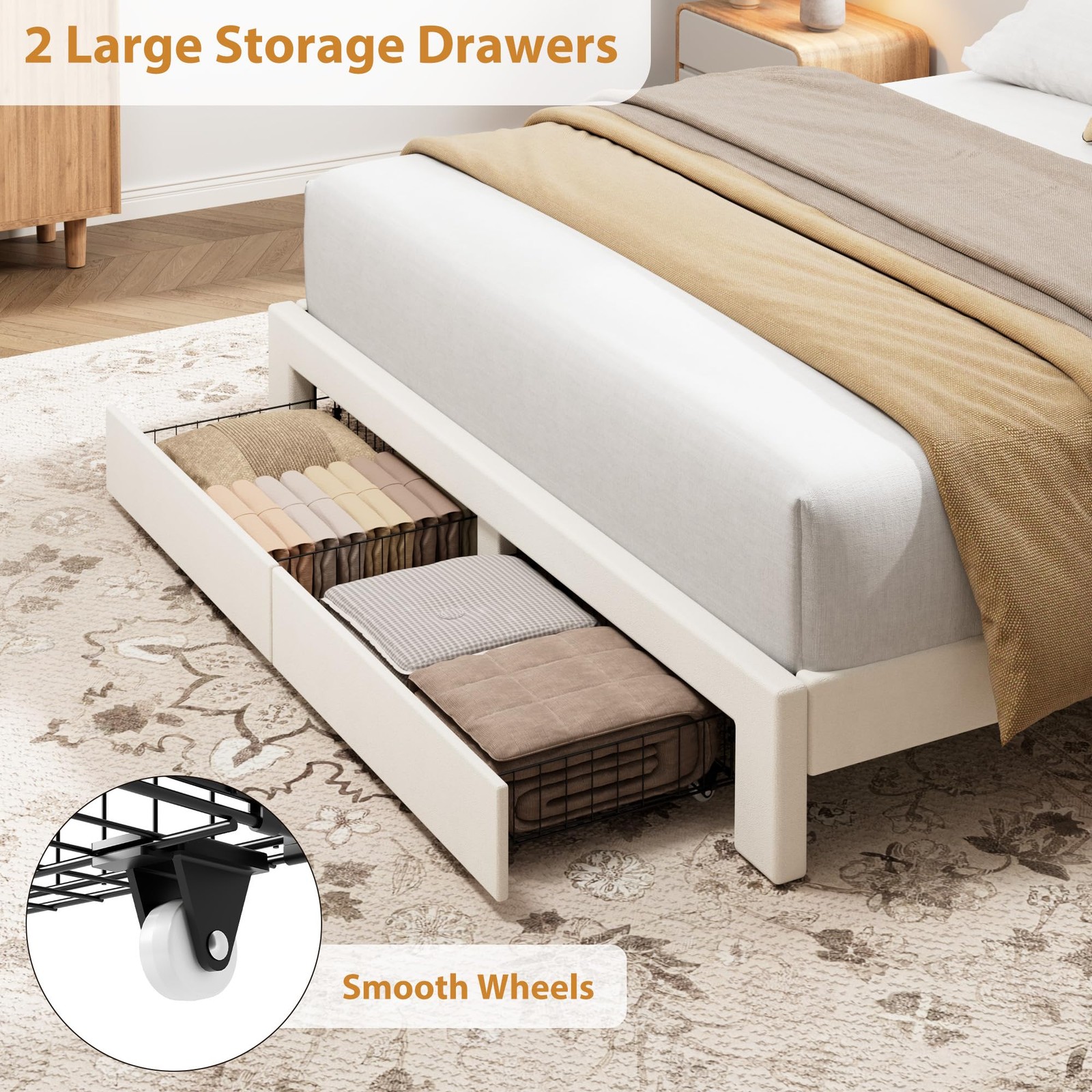 Queen Size Bed Frame with 2 Storage Drawers & Adjustable Headboard, Velvet Up…