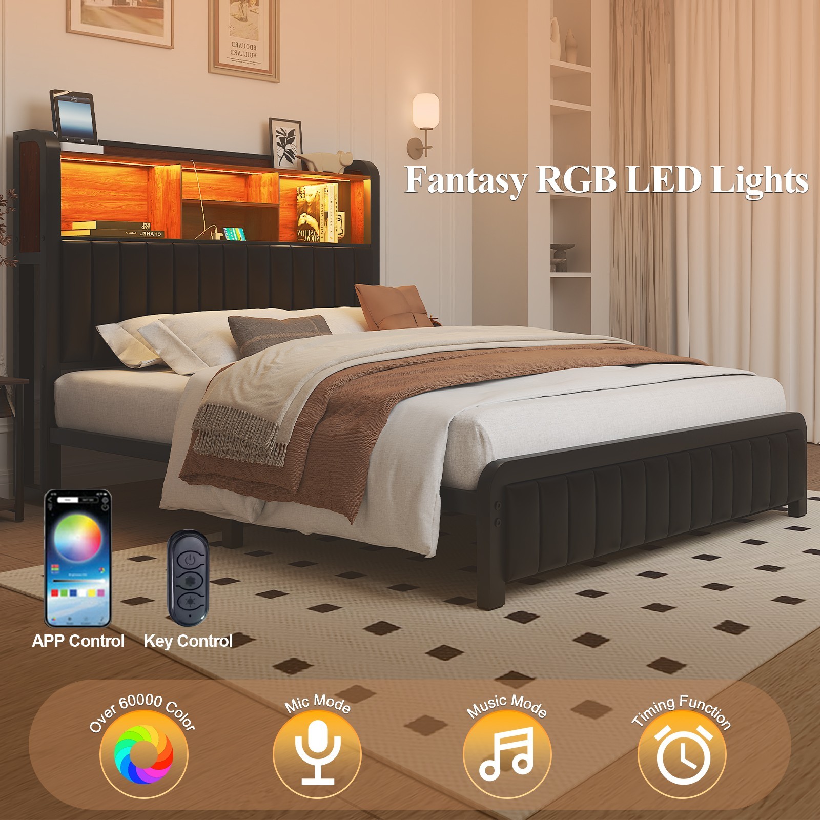 Full Queen Size Metal Bed Frame with LED and Storage Charging Headboard