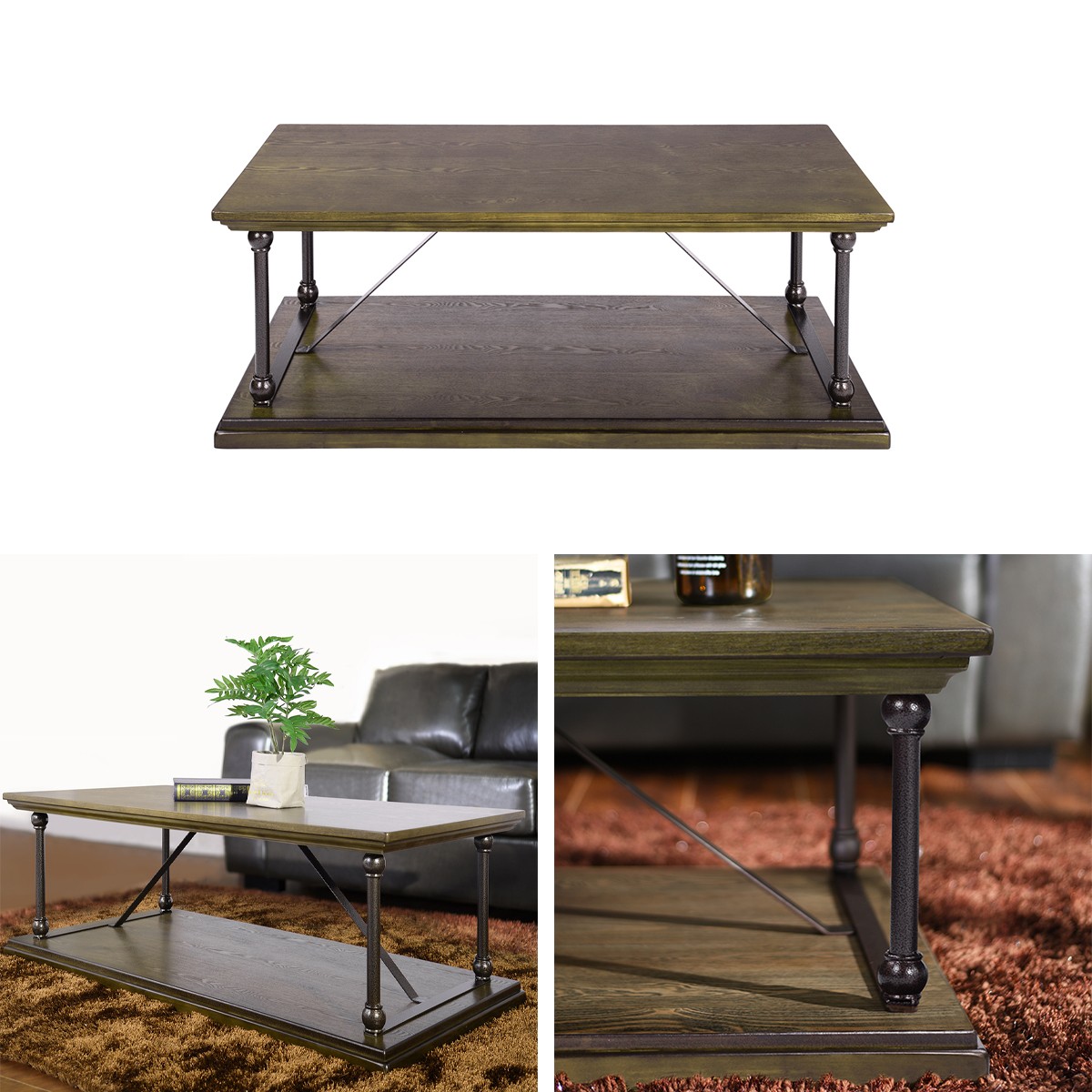 Coffee Table 2 Tier Dark Brown Wood Shelf Living Room Side Table Home Furniture
