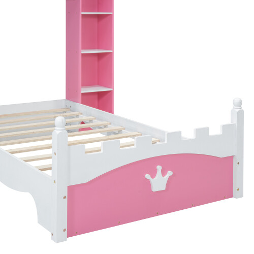 Castle-Shaped Platform Bed with Storage Shelves Both Side Wooden Bed Frames Twin