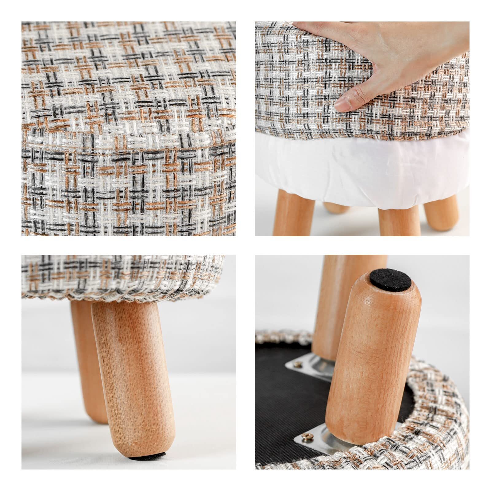Tricolor Stripe Linen Fabric Round Padded Ottoman Foot Rest Stool with Wood Legs