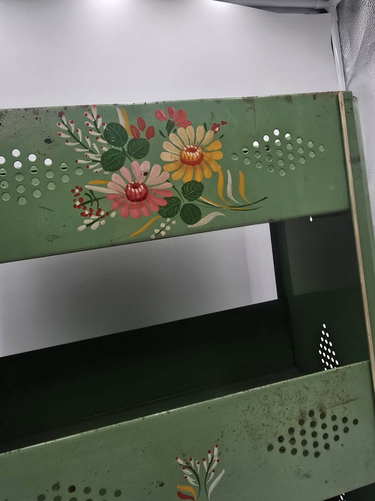 Vintage Green Ransburg Metal Shelf Hand Painted USA Rustic Farmhouse Cottage