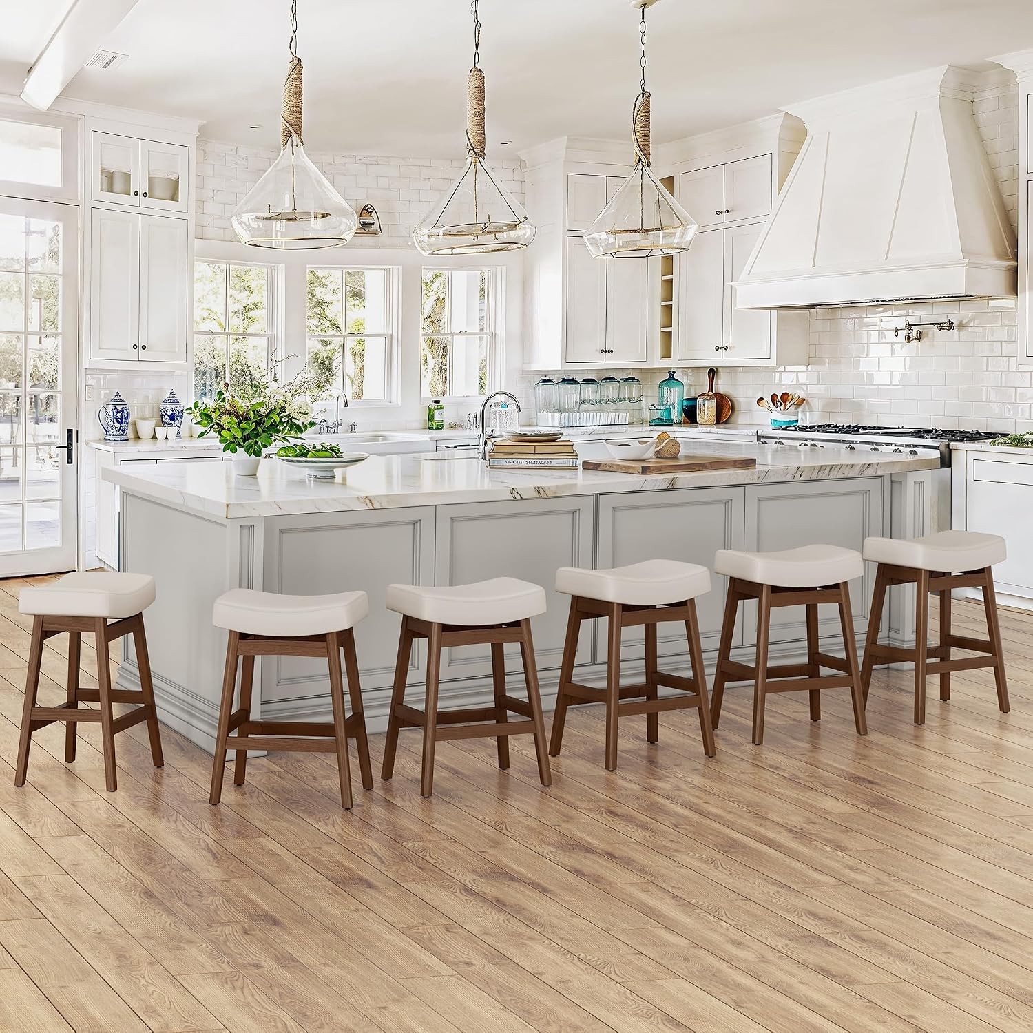 Bar Stools Set of 3 Barstools W/ Sturdy Wood Legs Saddle Seat Counter Height Bar