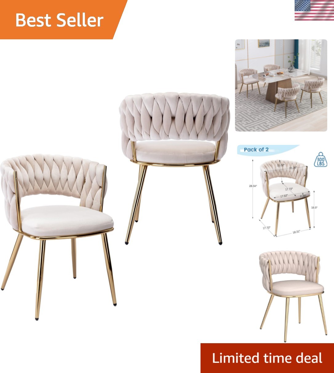 Modern Velvet Dining Chairs Set of 2, Upholstered Living Room Chair with Wove…