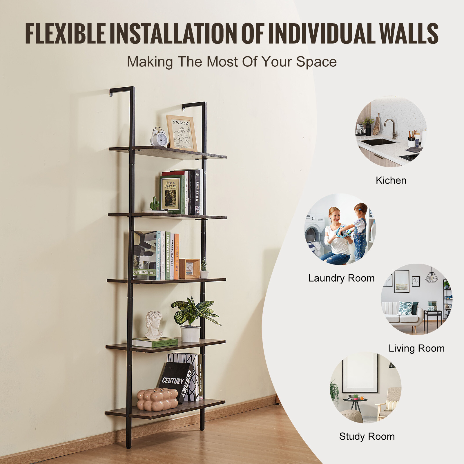 VEVOR Industrial Square Pipe Shelf 5 Tier 24×11.8in Wall-Mount for Bedroom