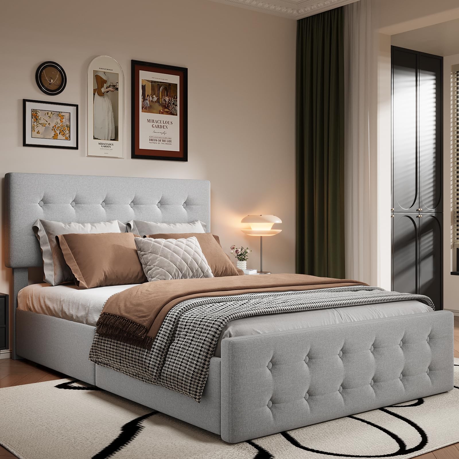 Wooden Slat Support Constructed Platform Bed Frame, Fitted Button Tufted Upholst