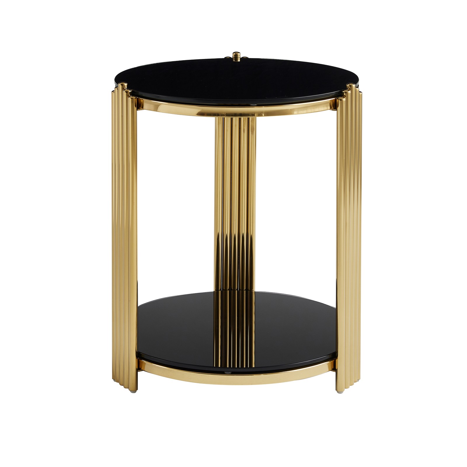 16.9in Round End SideTable Double-Layer Black Glass Gold Stainless Steel Frame