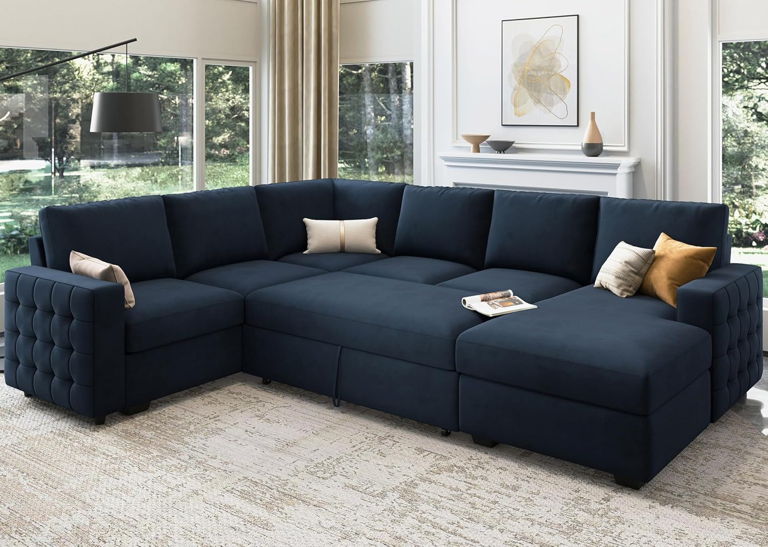 U-Shaped Velvet Dark Blue Sectional Sleeper Sofa with Storage Chaise, 6 Seater