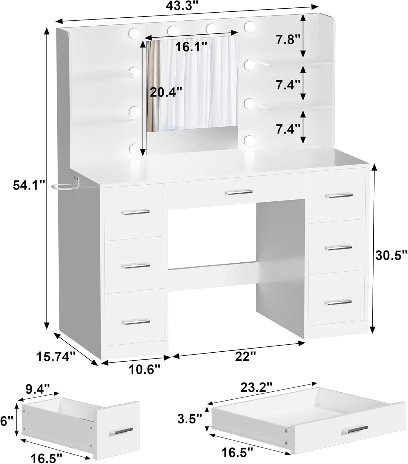Makeup Vanity Desk with Mirror and 10 Lights, Table with 7 Drawers and 4 Open Sh