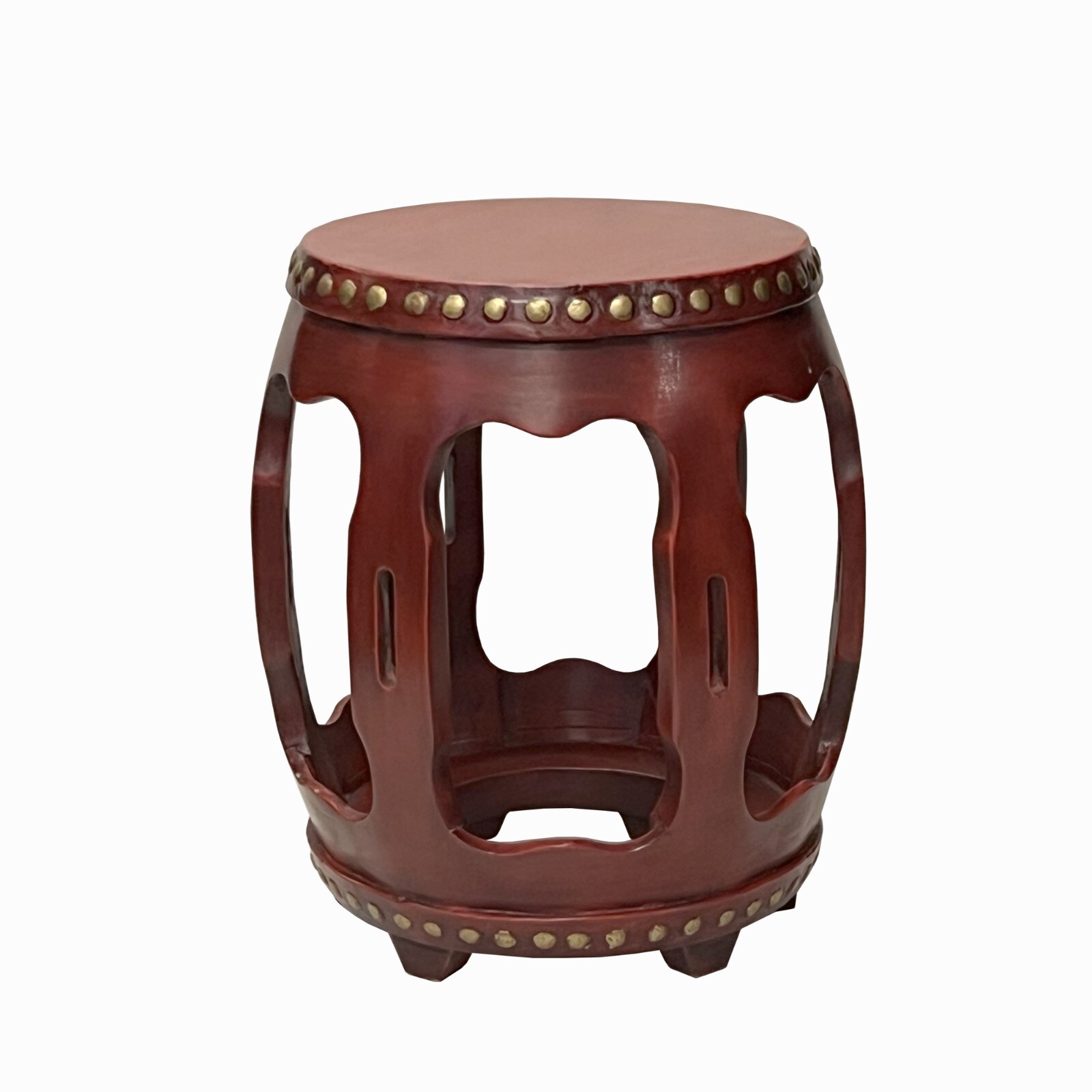 Chinese Distressed Brick Red Gold Dots Wood Ru Yi Bar Round Barrel Stool cs7709