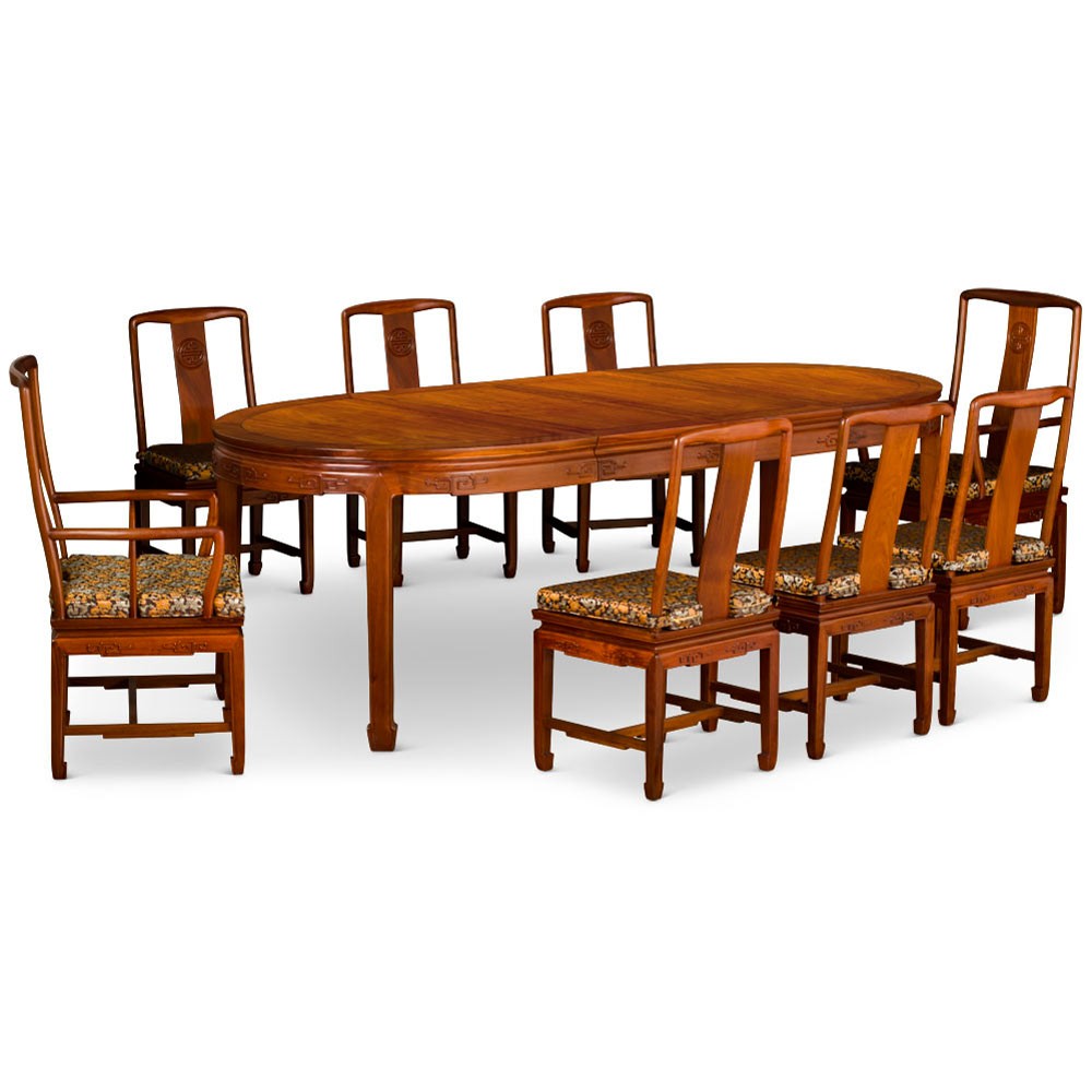US Seller – 96in Natural Finish Rosewood Longevity Oval Dining Set 8 Chairs