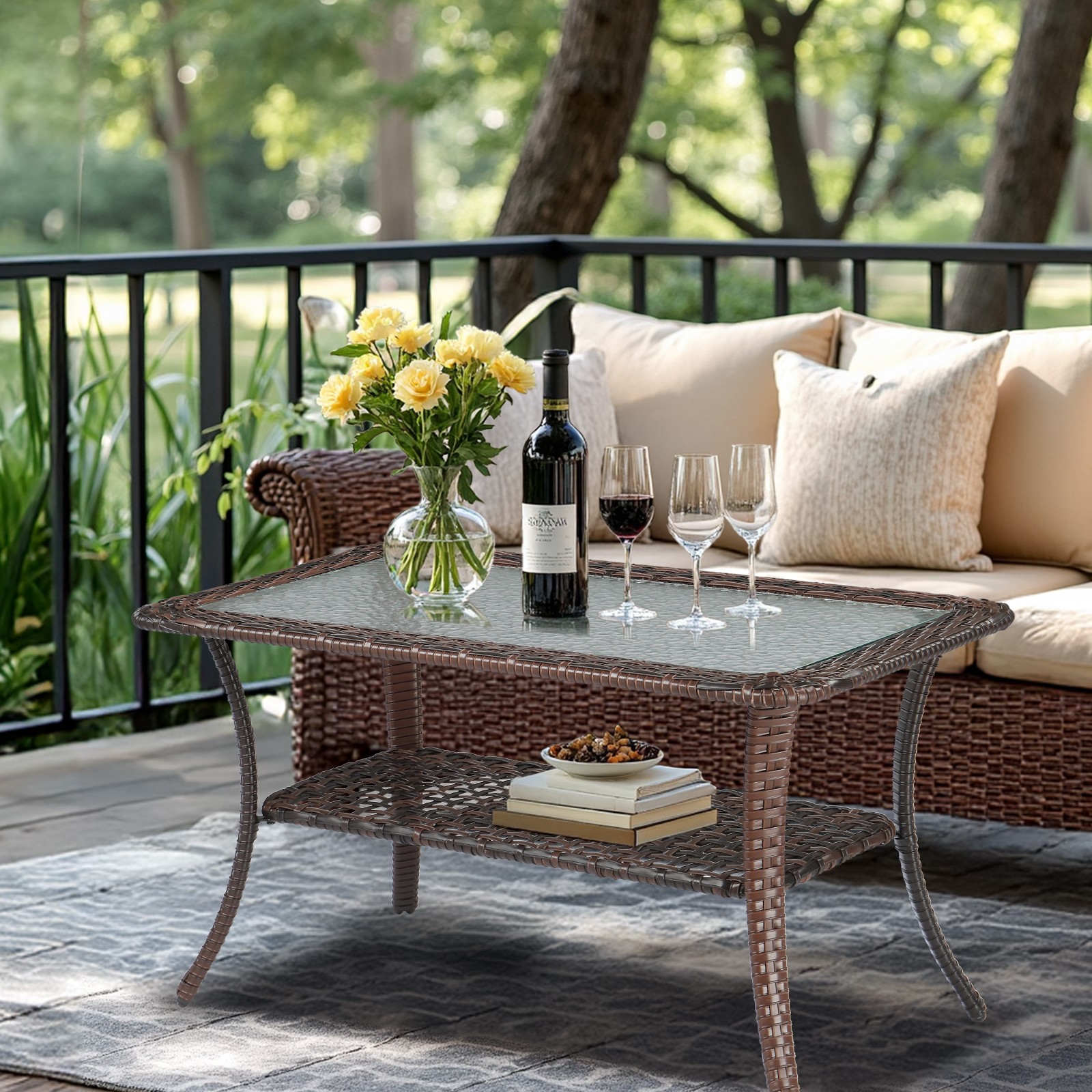 Outdoor Wicker Side Table Coffee Bistro Table, Rattan End Table with Glass Top