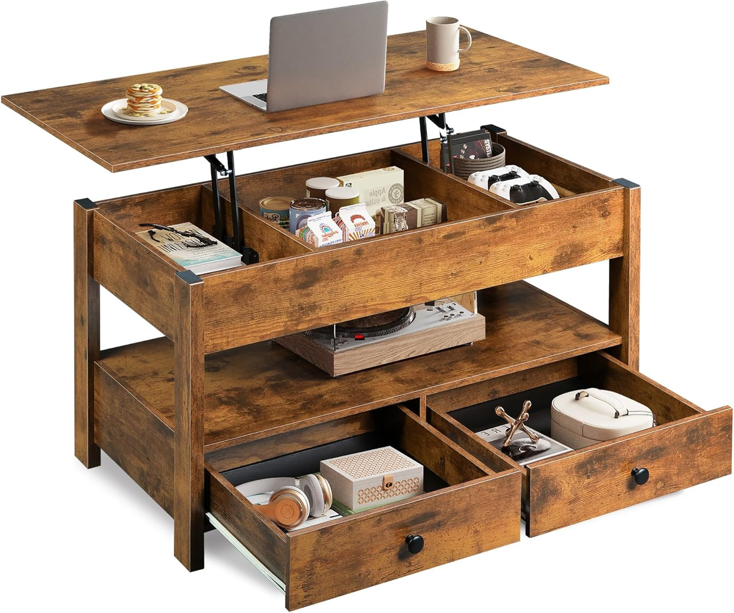 Coffee Table, Lift Top Coffee Table with 2 Drawers, Large Storage and Open Shelf