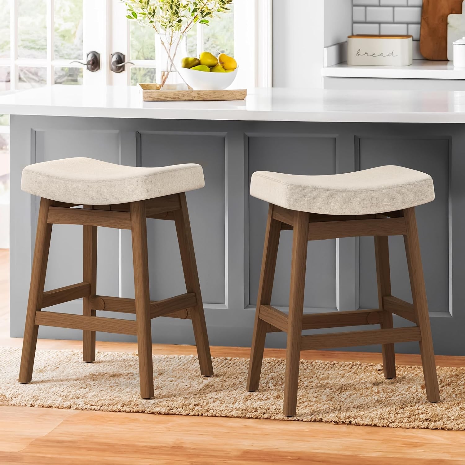 Bar Stools Set of 3 Barstools W/ Sturdy Wood Legs Saddle Seat Counter Height Bar