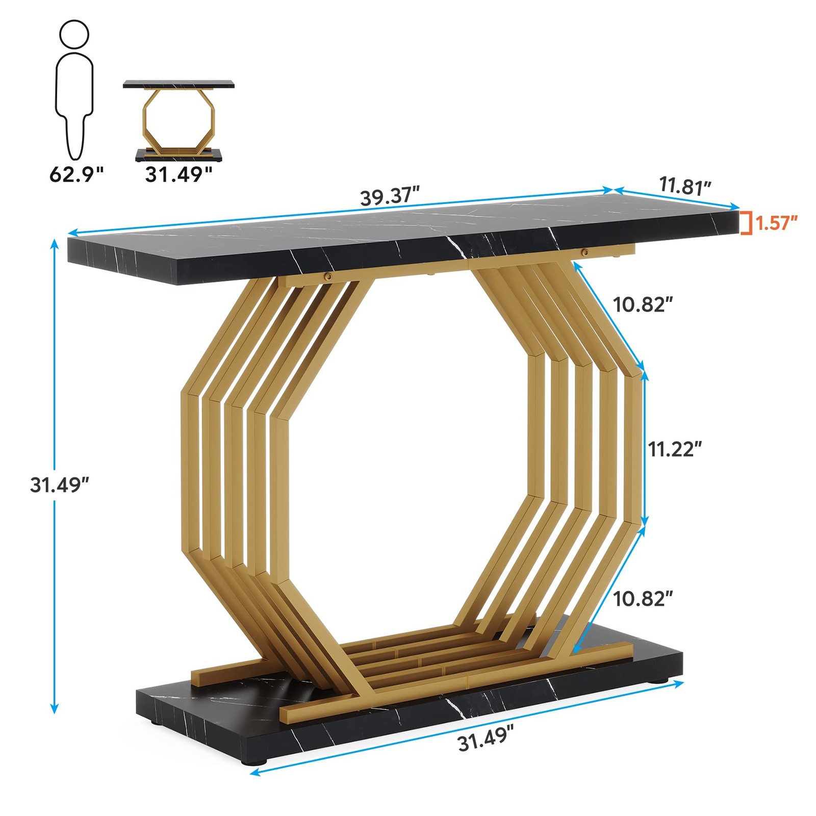 Gold Console Table, Faux Marble Entryway Table Narrow Sofa Table with Geometr…