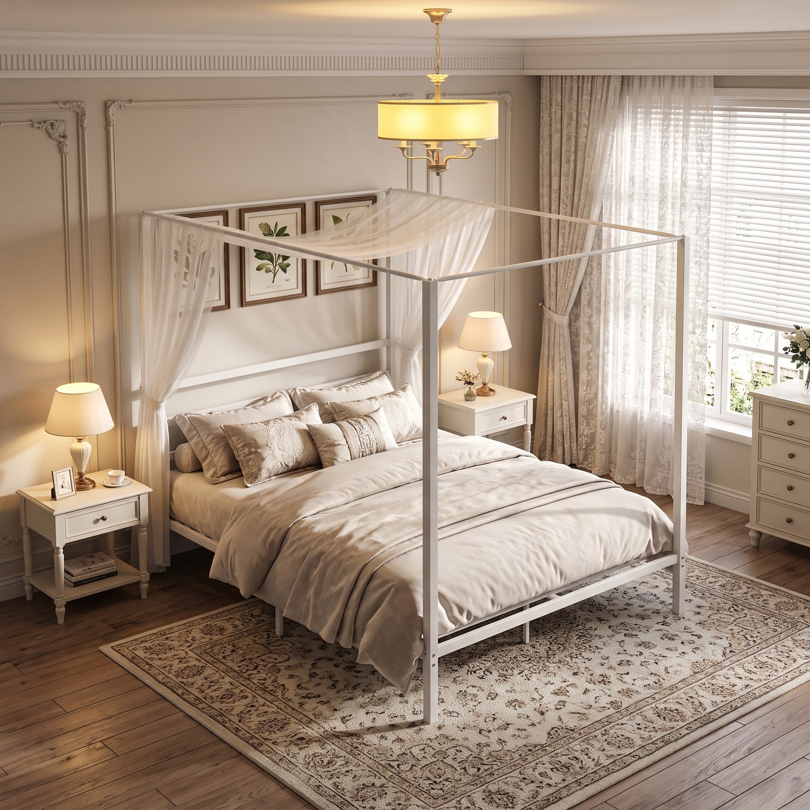 Full Size Bed Frame Canopy Top Design Customizable Bedroom Metal Bed Frame White