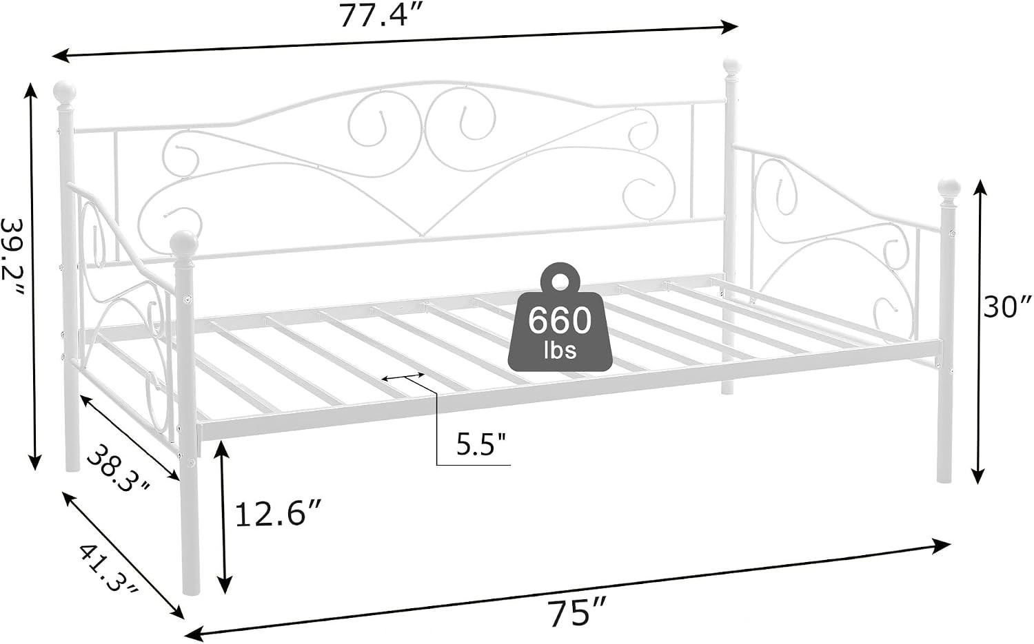 Daybed Frame, Twin Size Metal Platform Bed with Headboard,Heavy Duty Steel Slats