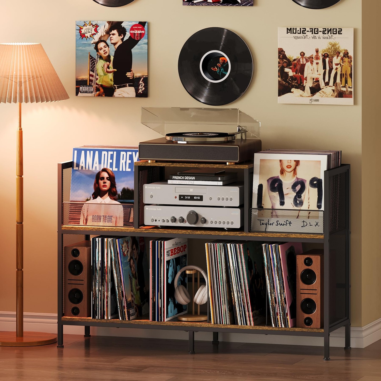 Sonyabecca Large Vintage Record Player 45.67”X13.38”X30.1”, Black-Brown