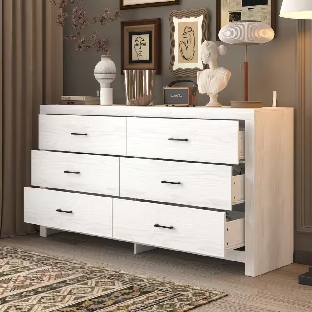 Beige Wood Grain 6-Drawer 63 In. X 15.7 In. X 33.1 In. Dresser, Wood Chest of Dr