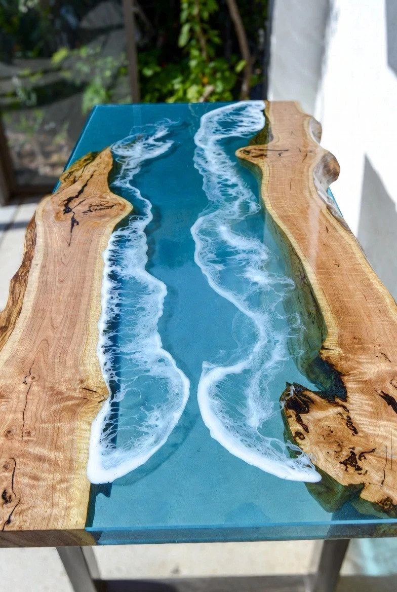 Handcrafted Ocean Epoxy Resin River Table, Live Edge Walnut Dining Table Home