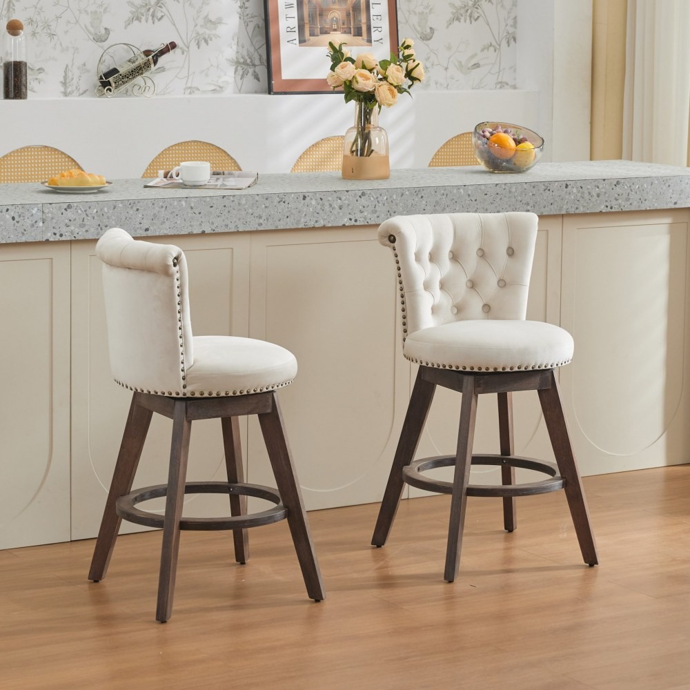 26″ 360° Swivel Counter Height Bar Stools Set of 2 Tufted Button Trimmed Wood