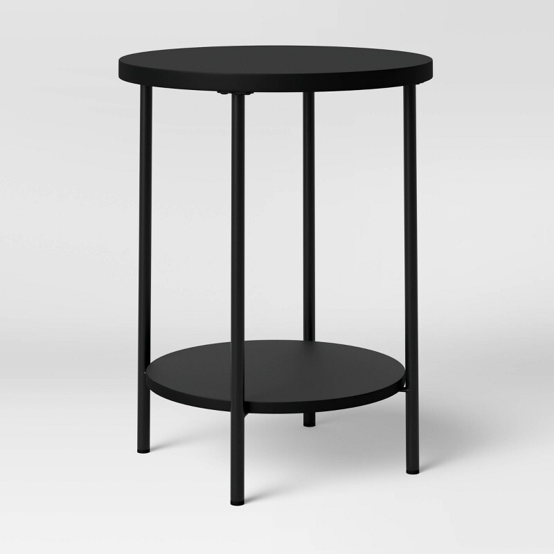 Round End Table Wood and Metal Steel Frame Wooden Shelves – Black or Natural