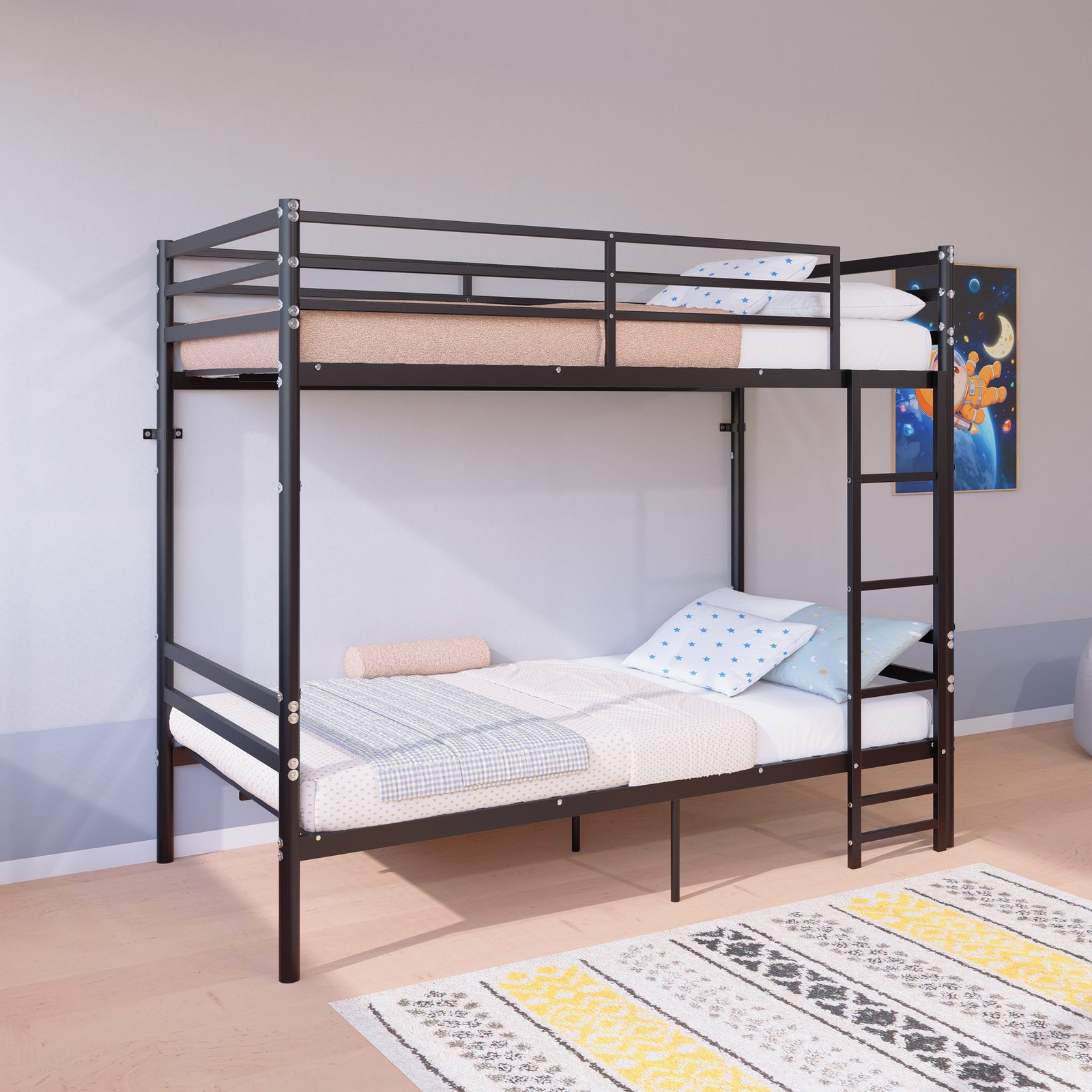 Bunk Bed Twin Over Twin Metal Twin Size Bed Frame with Safety Guardraild 440lbs