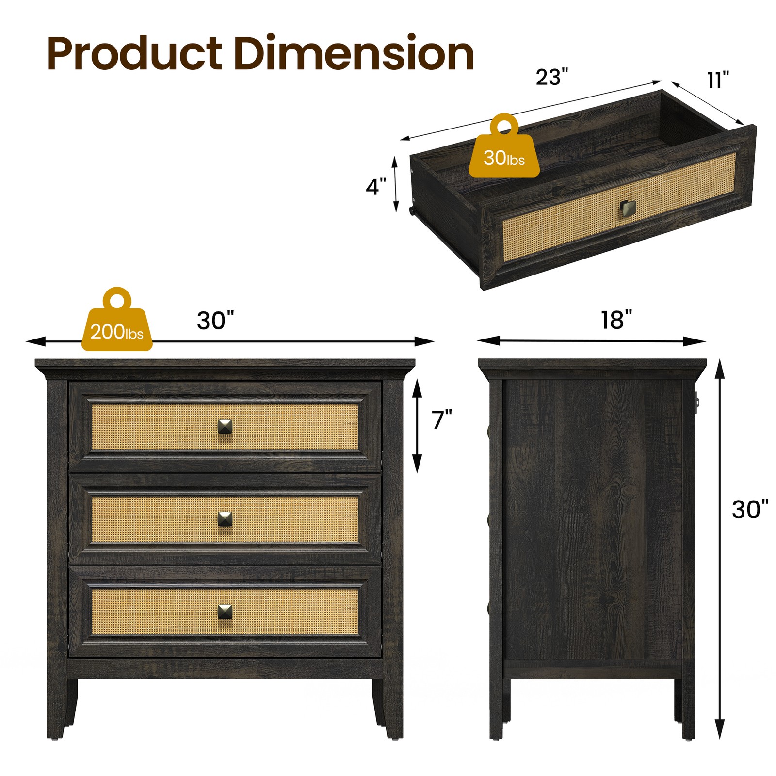 3 Drawer Dresser Chest Nightstand Dark Rustic Oak Particle Board MDF