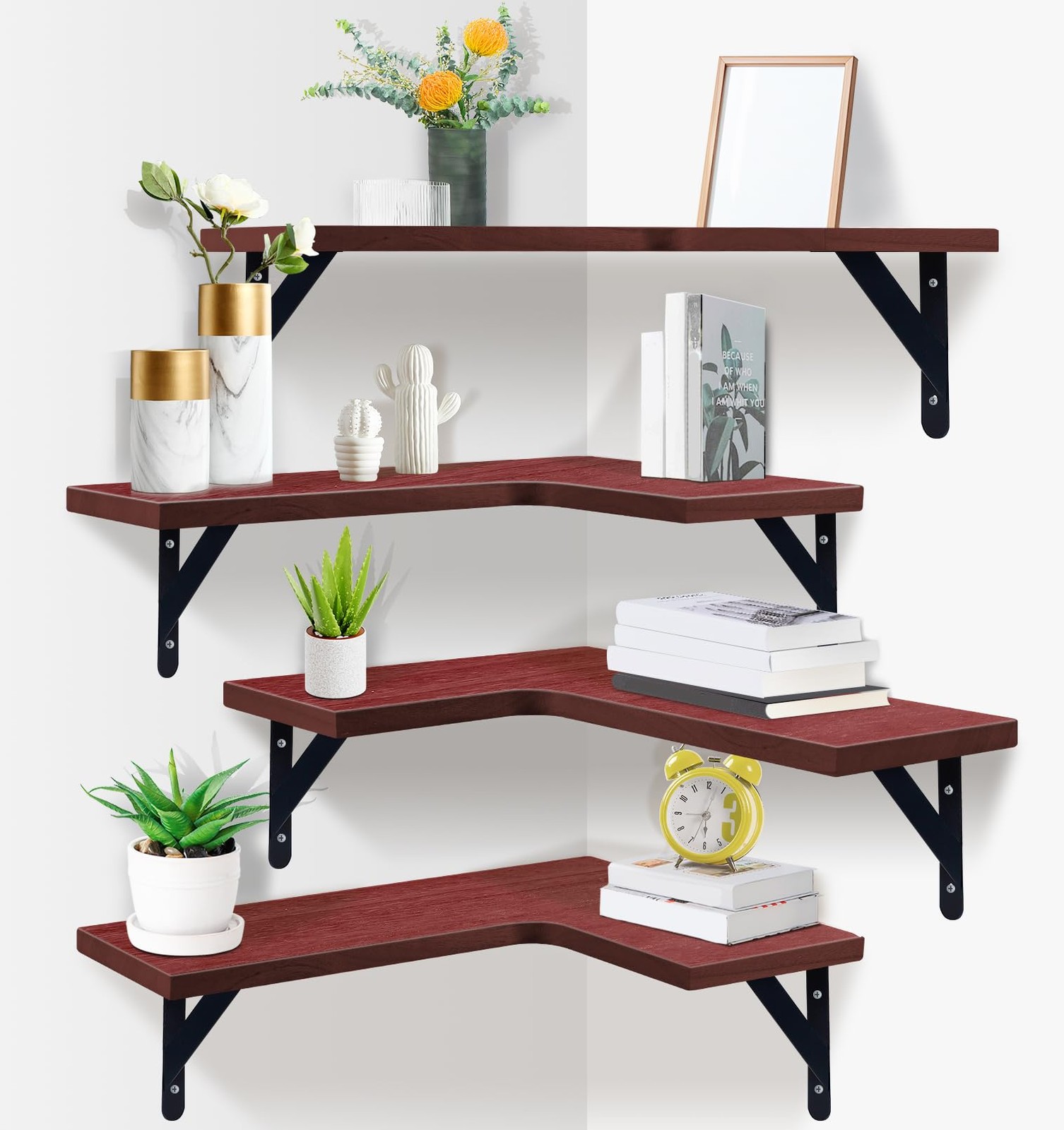 Corner Floating Shelves Set of 4 Rustic Wood Wall Mounted Red 15.9×11.4 Inch