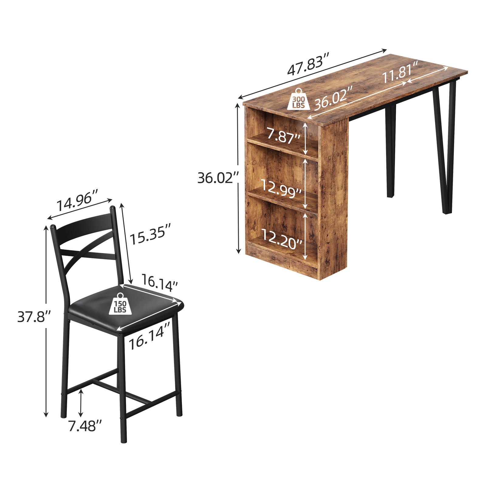 3-Piece Dining Table Set w/Storage Shelves Table and 2 Chairs for Dining Room