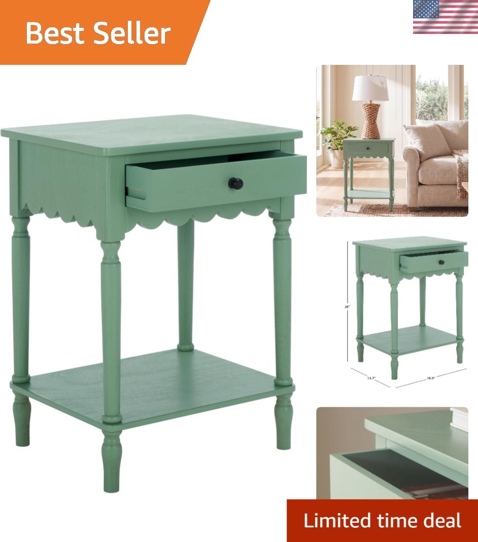 Haven Sage Green Accent Table with Drawer & Shelf, Scalloped Apron Detail, Tr…